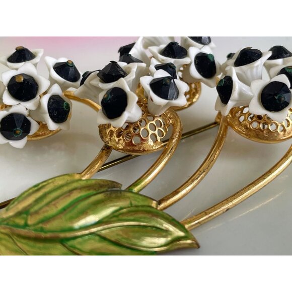 Vintage 1950s Metal Flower Brooch Porcelain Glass Bead Accents - Picture 5 of 11